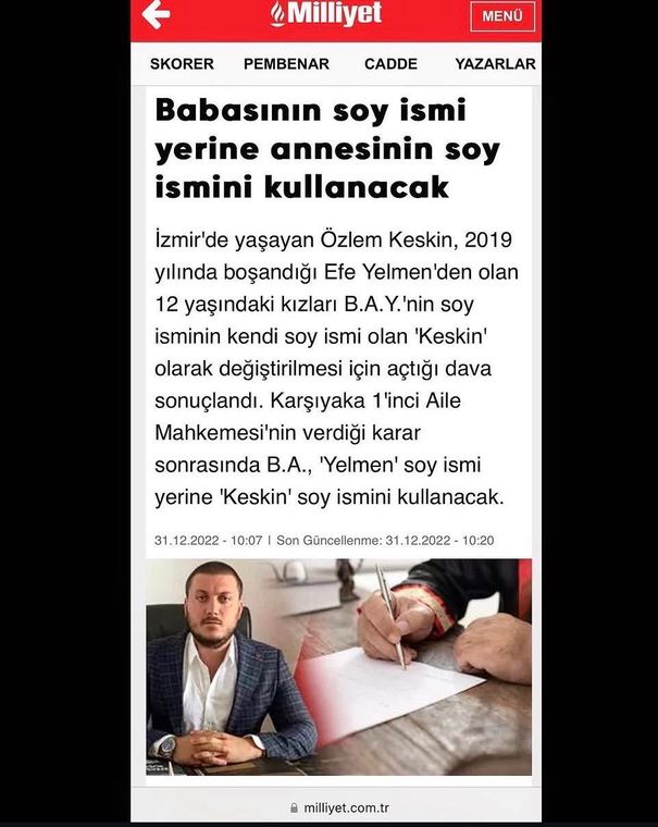 Milliyet gazetesinde yayımlanan haber: Çocuğun soyadı annenin soyadıyla değiştirilebilir mi?
