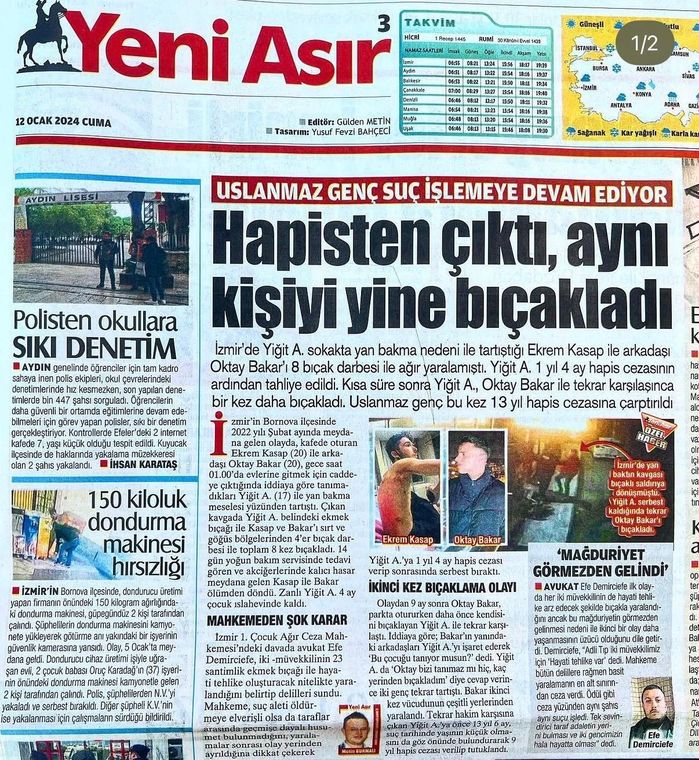 Yeni Asır gazetesinde yayımlanan haber: Kasten yaralama mı, öldürmeye teşebbüs mü?
