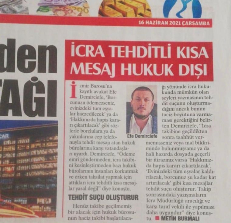 Yeni Asır gazetesinde yayımlanan haber: İcra dosyası için gelen tehdit içerikli mesaj suç oluşturur mu?